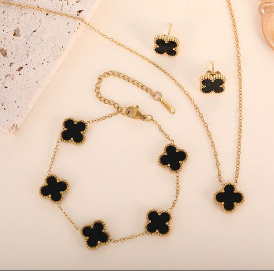 Pack trèfles( bracelet+boucles d'oreilles+collier) NOIR