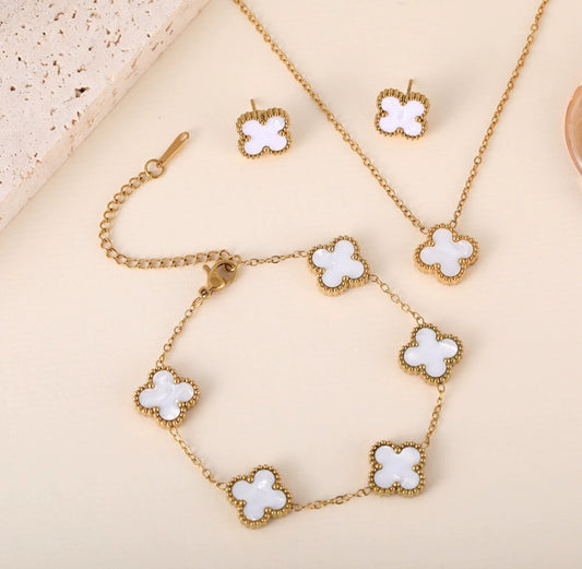 Pack trèfles (bracelet+boucles d'oreilles+collier) BLANC